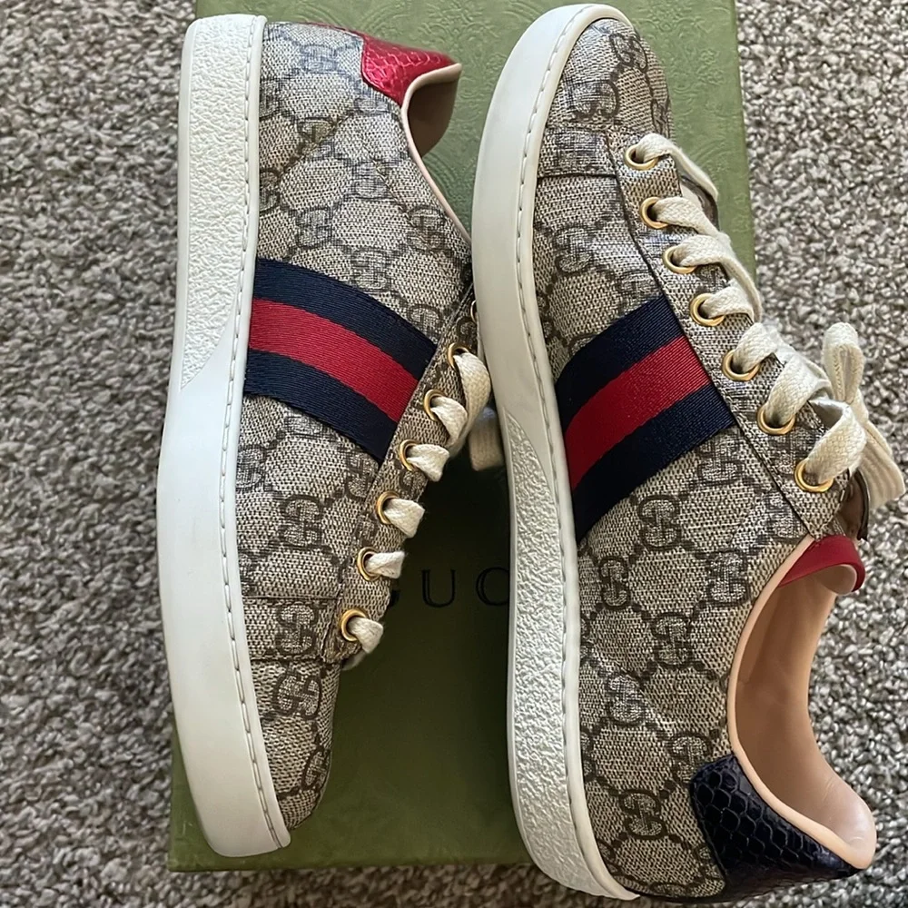 Size 37  Women's - Ace Gucci-GG Supreme Beige/Ebony/Blue/Red - Picture 8 of 9